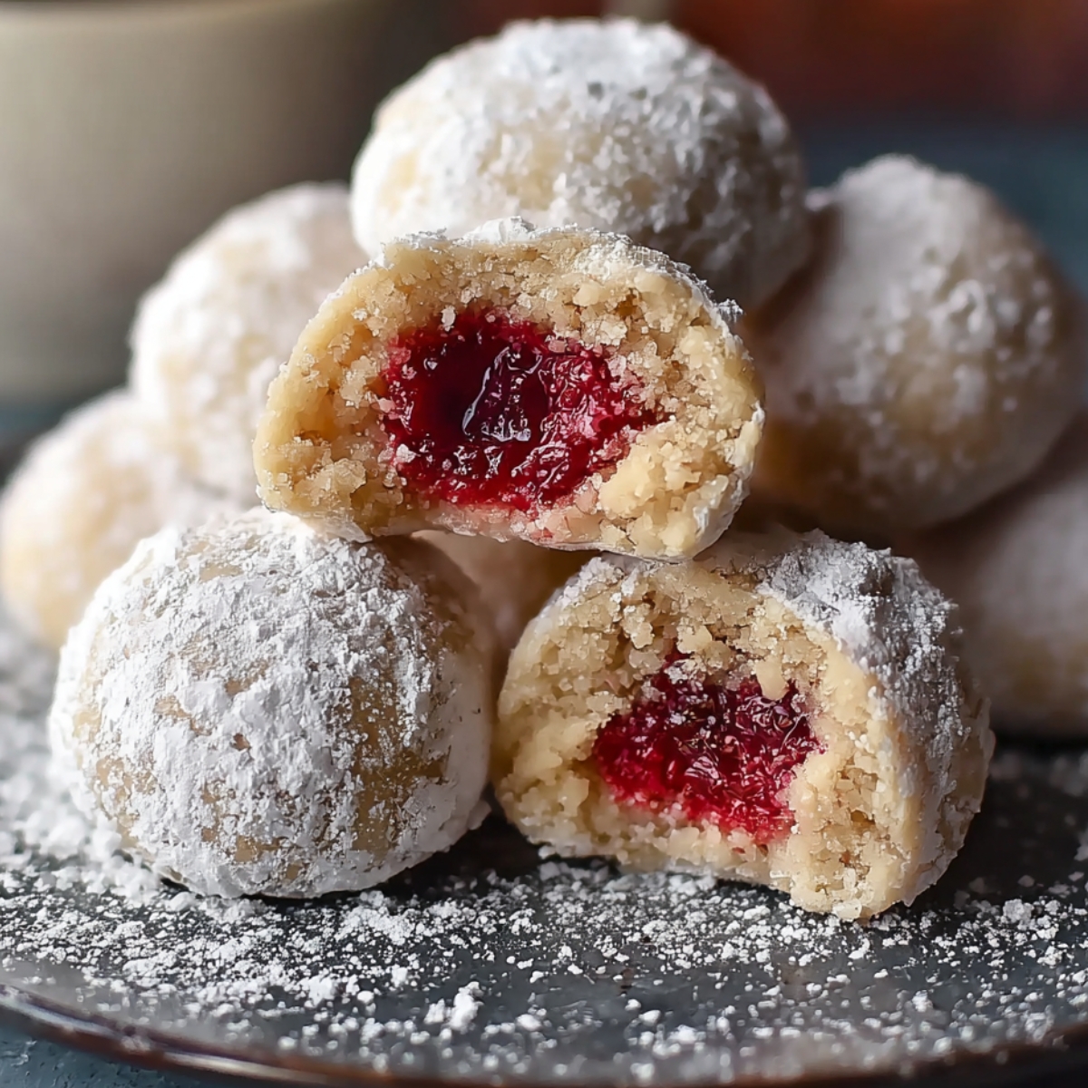 Homemade Raspberry Filled Almond Snowball Cookies coated in powdered sugar, with raspberry filling visible inside and fresh raspberries scattered on a dark surface.