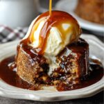 Homemade Sticky Toffee Pudding served on a white plate. Golden caramel sauce poured over the top of the moist cake. Background softly blurred for a cozy dessert vibe.