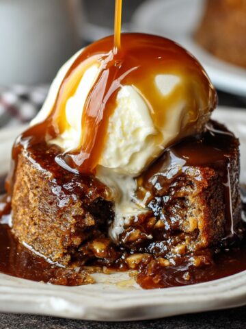 Homemade Sticky Toffee Pudding served on a white plate. Golden caramel sauce poured over the top of the moist cake. Background softly blurred for a cozy dessert vibe.