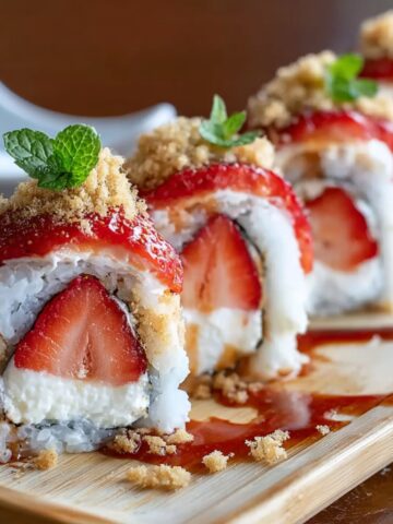 Homemade Strawberry Shortcake Sushi Roll filled with whipped cream and strawberries, topped with crushed cookie crumbs, strawberry sauce, and fresh mint leaves on a wooden board.