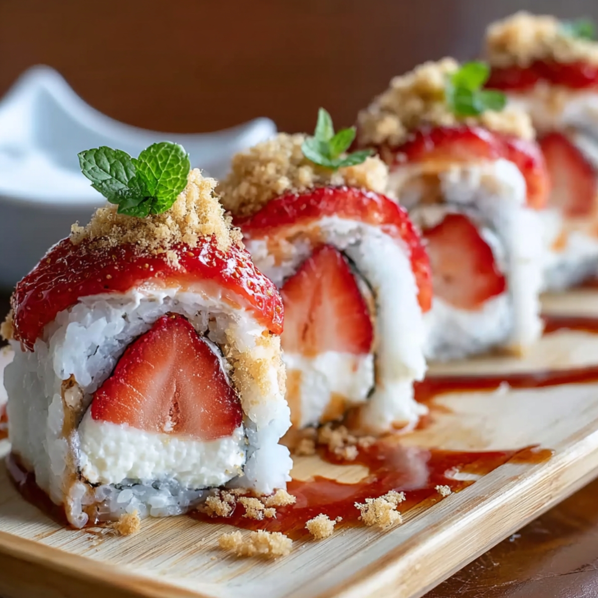 Homemade Strawberry Shortcake Sushi Roll filled with whipped cream and strawberries, topped with crushed cookie crumbs, strawberry sauce, and fresh mint leaves on a wooden board.