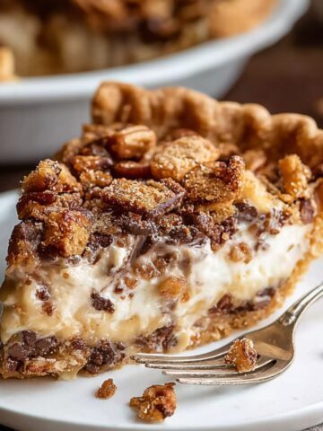 Homemade Texas Trash Pie Recipe on a white plate with a fork, showing layers of creamy filling, chocolate chunks, and pecans with a golden crust.