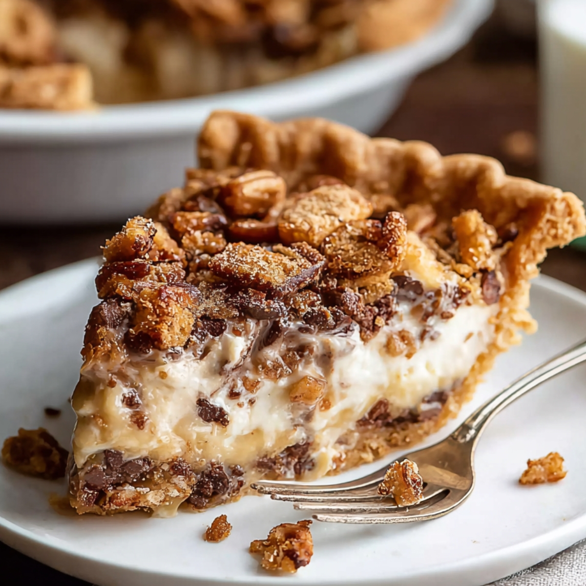 Homemade Texas Trash Pie Recipe on a white plate with a fork, showing layers of creamy filling, chocolate chunks, and pecans with a golden crust.