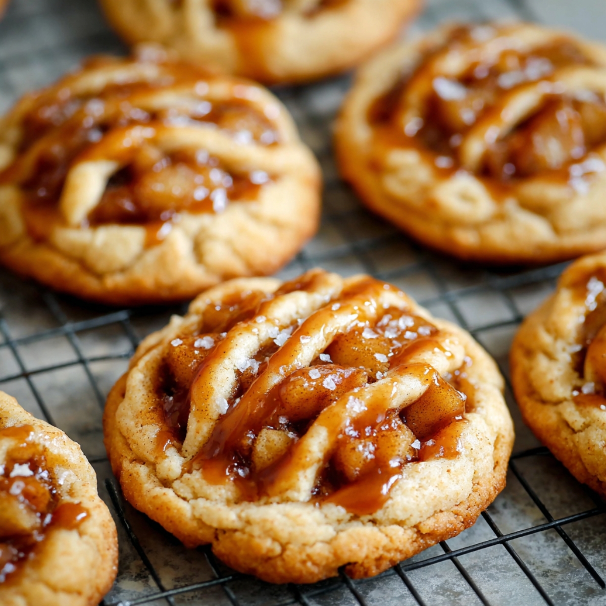 Freshly baked apple pie cookies cooling on a wire rack, topped with warm cinnamon apple filling, drizzled with caramel, and sprinkled with sea salt.