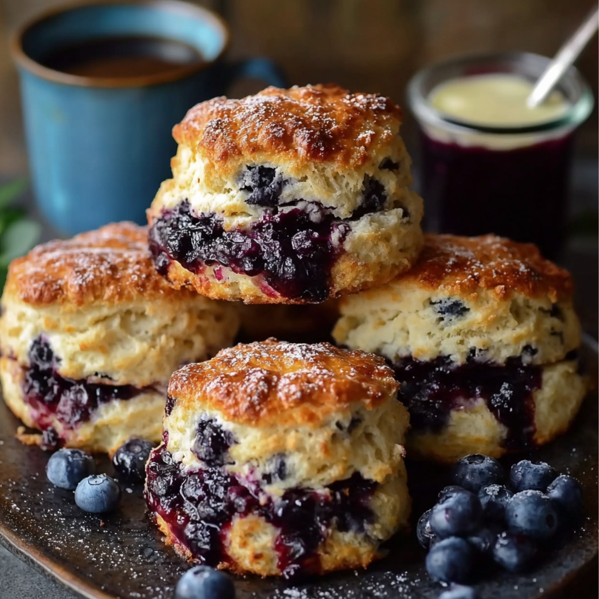 Freshly baked blueberry biscuits stacked on a plate, with filling spilling out and dusted with powdered sugar. A cup of cream is visible in the background.