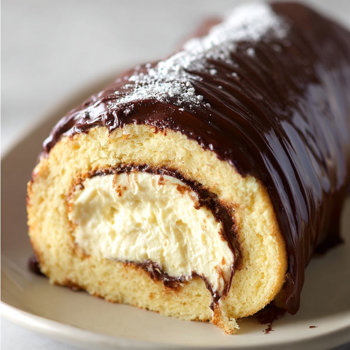 Homemade Boston cream roll cake with golden sponge, creamy vanilla filling, glossy chocolate ganache, and a dusting of powdered sugar.