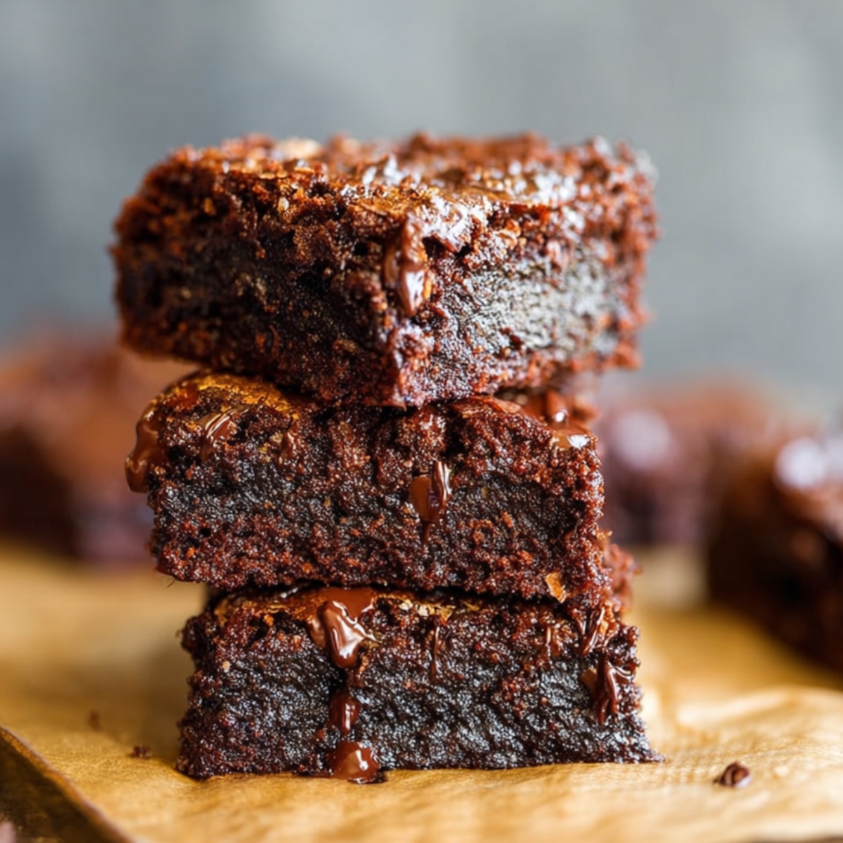Stack of fudgy homemade chickpea brownies on parchment paper, topped with a light sprinkle of flaky sea salt. The brownies look dense, moist, and gooey with a shiny, slightly cracked top and rich chocolate texture.