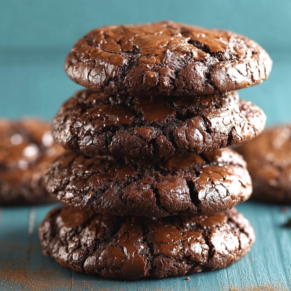 A stack of rich, fudgy chocolate brownie cookies with cracked, glossy tops, set against a teal background, capturing a homemade feel.