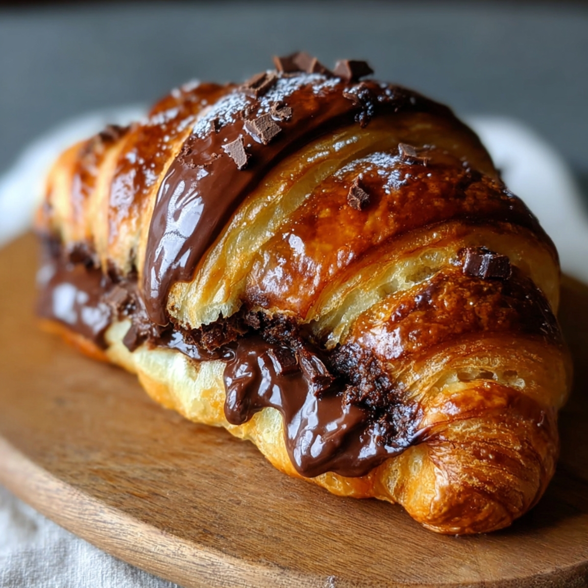 A freshly baked homemade chocolate croissant on a wooden board, with glossy golden layers and rich melted chocolate dripping from the center, topped with small chocolate shavings.