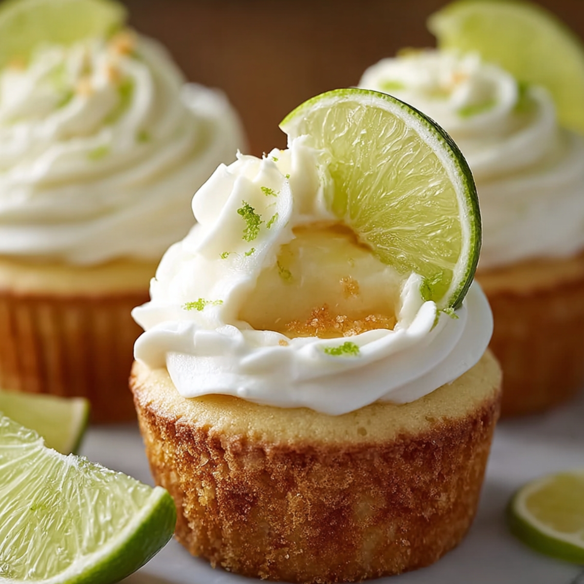 Homemade key lime pie cupcakes with white frosting, lime slice, and zest on top. A bite reveals creamy lime filling and moist golden cake, surrounded by lime wedges in warm natural light.
