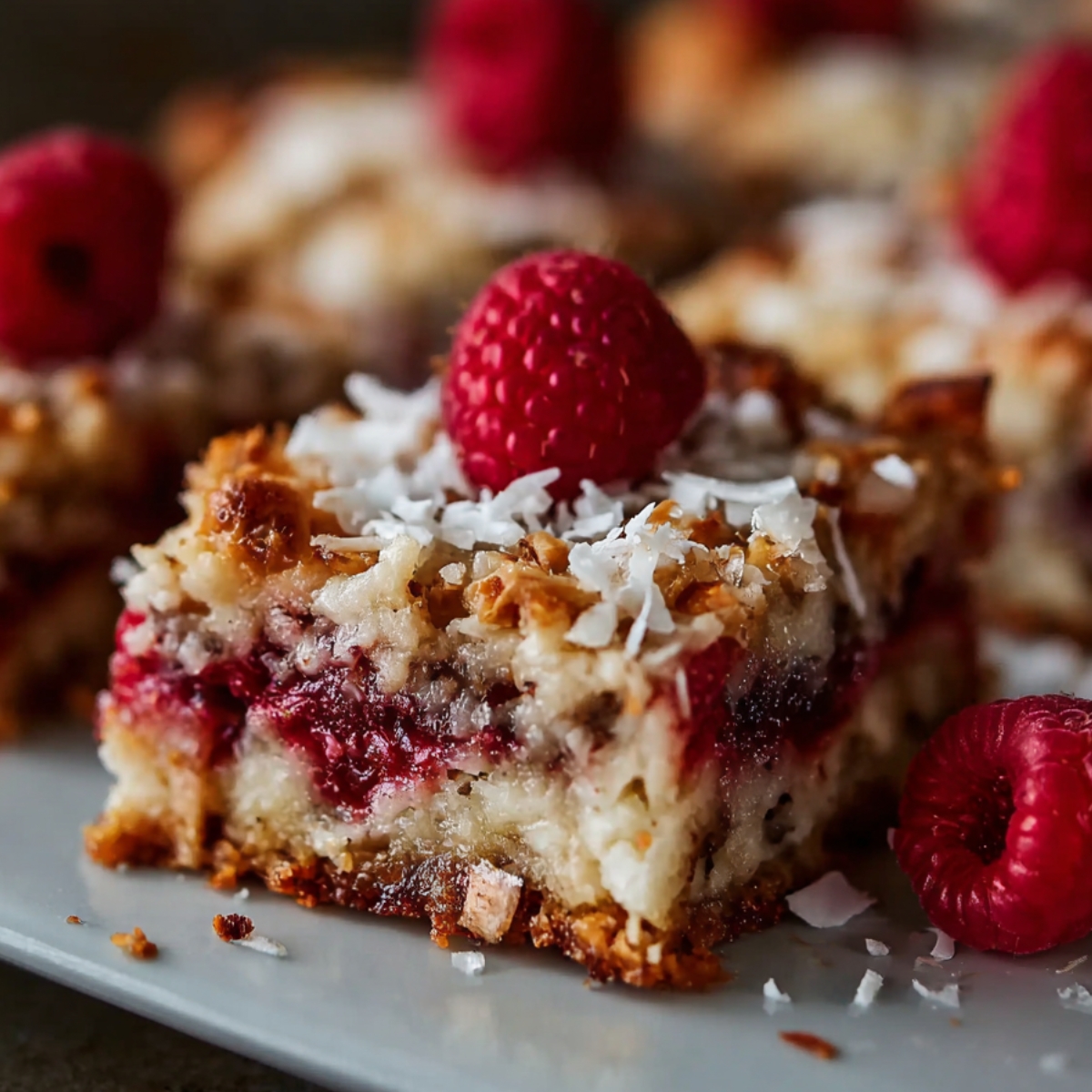 Close-up of a homemade Raspberry Coconut Magic Bar topped with a fresh raspberry and coconut flakes, showing its golden crust, gooey raspberry layer, and chewy texture in warm natural light.