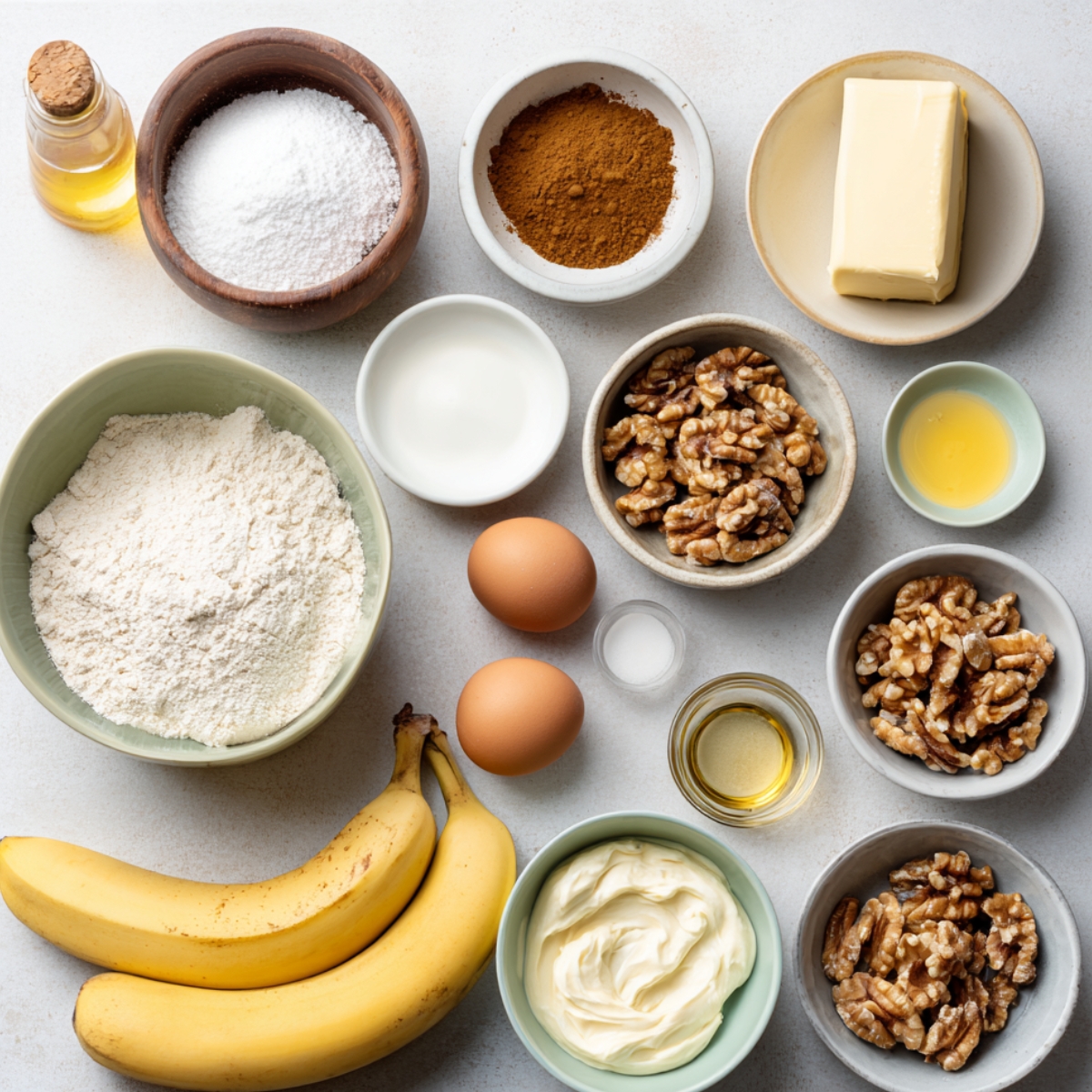 Top-down view of homemade banana walnut cake ingredients on a light countertop — bananas, flour, eggs, butter, sugar, walnuts, cinnamon, yogurt, oil, milk, and vanilla in small ceramic bowls under soft natural light.
