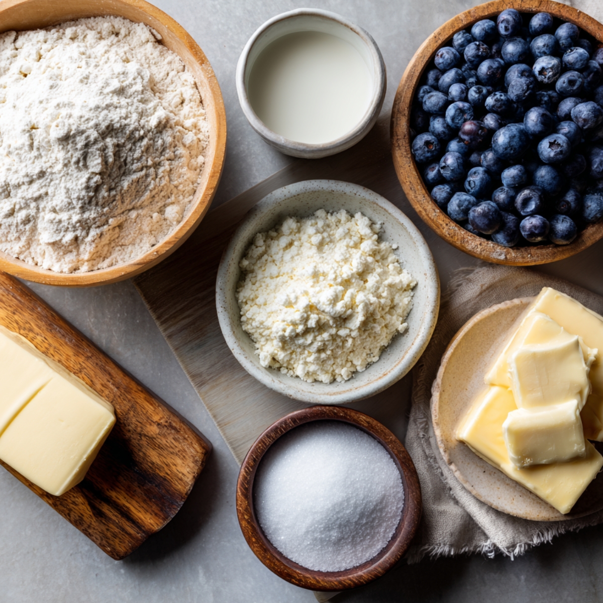 A rustic spread of blueberry biscuit ingredients: flour, fresh blueberries, cottage cheese, butter, sugar, and milk, arranged on a light gray countertop.