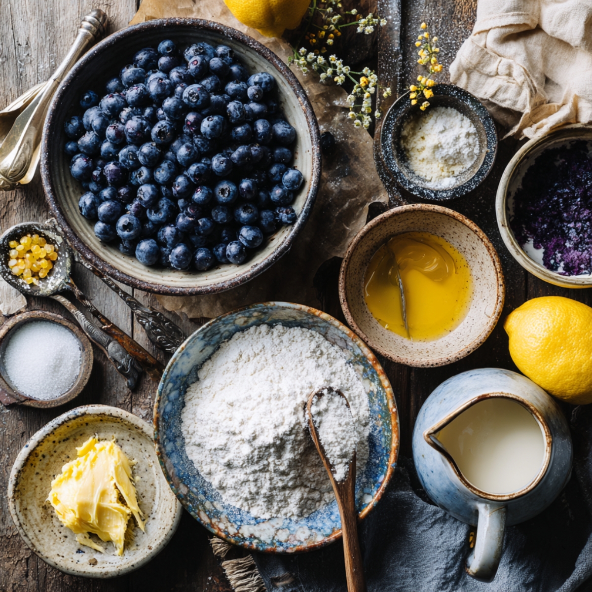 A rustic spread of ingredients for blueberry biscuits, including fresh blueberries, flour, butter, sugar, lemon, an egg, and buttermilk, arranged on a wooden countertop with antique spoons and yellow flowers.