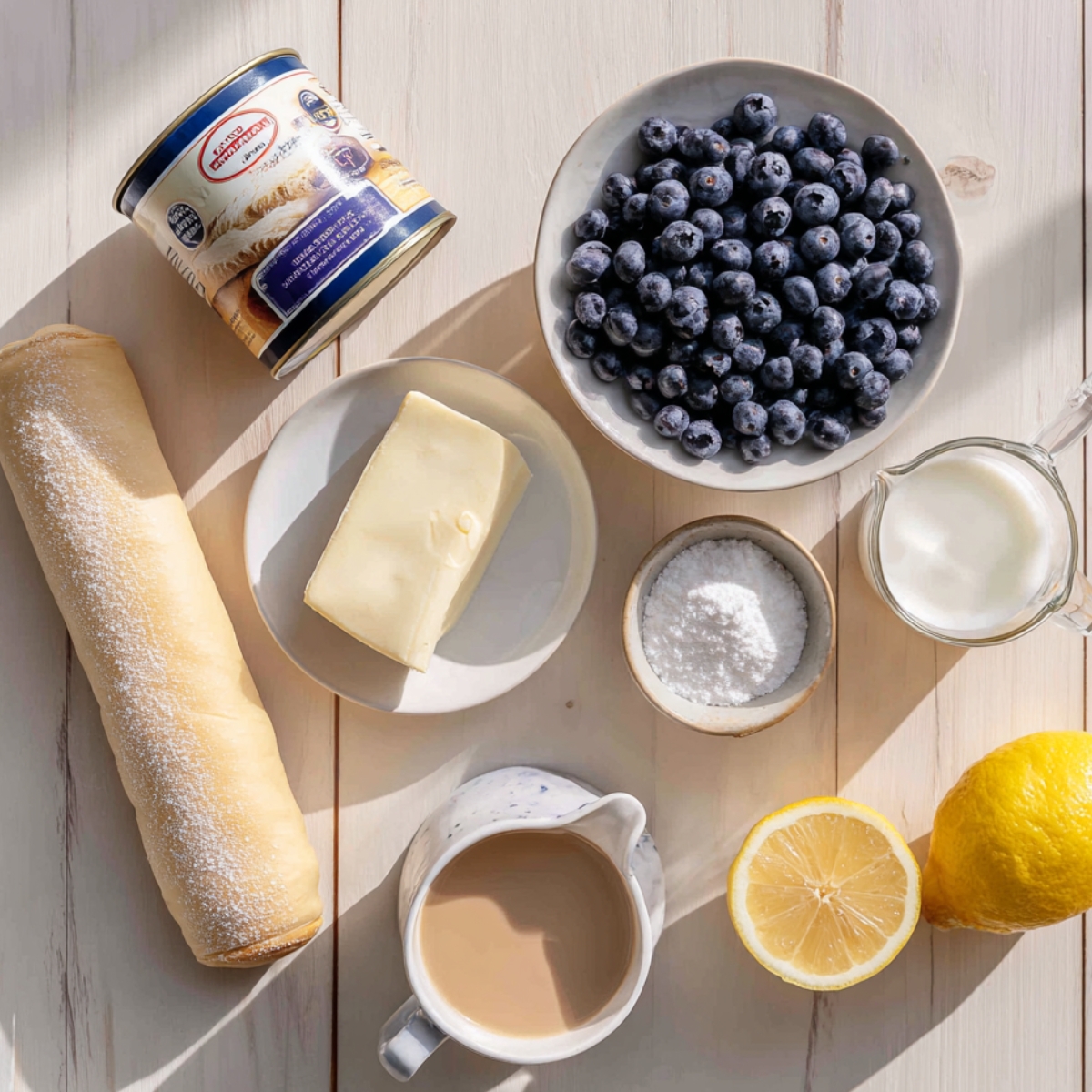 Ingredients for homemade blueberry cream cheese crescent rolls arranged on a light wooden table — a can of crescent roll dough, a roll of dough dusted with flour, a block of cream cheese, a bowl of fresh blueberries, a small bowl of sugar, a glass jug of milk, a halved lemon, and a cup of coffee in warm natural light.