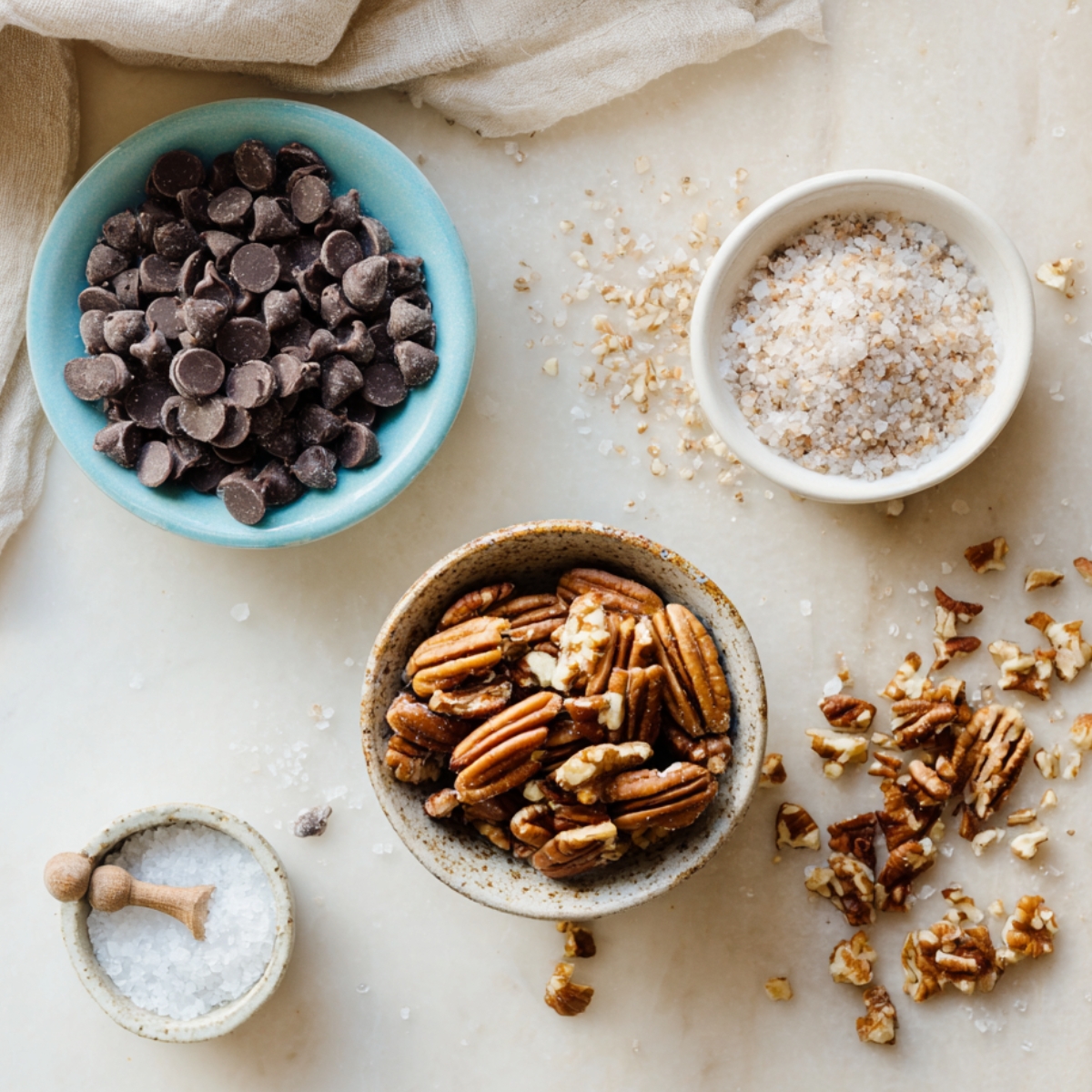 Bowls of chocolate chips, chopped pecans, and flaky sea salt on a light countertop with a linen cloth — cozy baking ingredients for cookie bars.