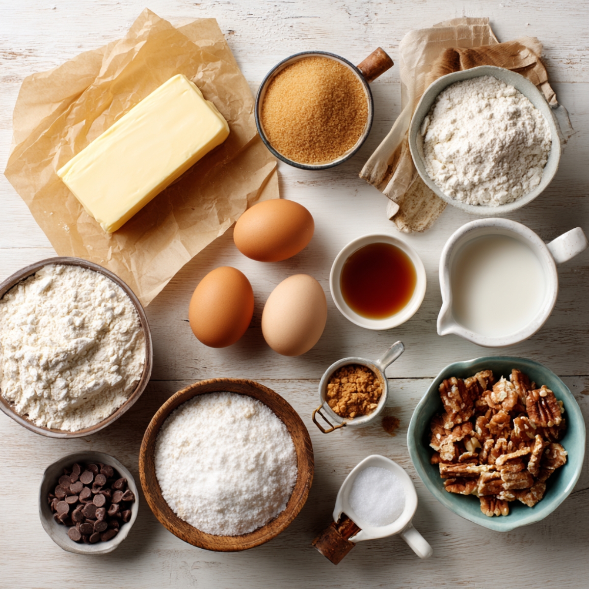 Overhead view of butter, brown sugar, flour, eggs, vanilla, milk, and baking ingredients arranged neatly on a light wooden surface, creating a warm homemade baking scene for cookie bars.