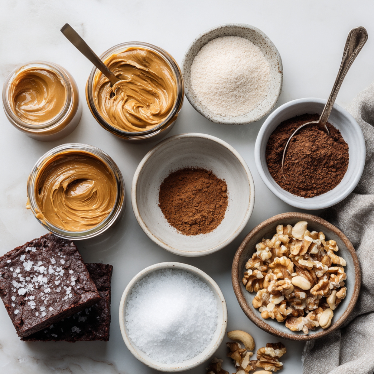 Flat lay of chickpea brownie ingredients including peanut butter, cocoa powder, sugar, walnuts, and flaky sea salt arranged in small bowls on a white surface.