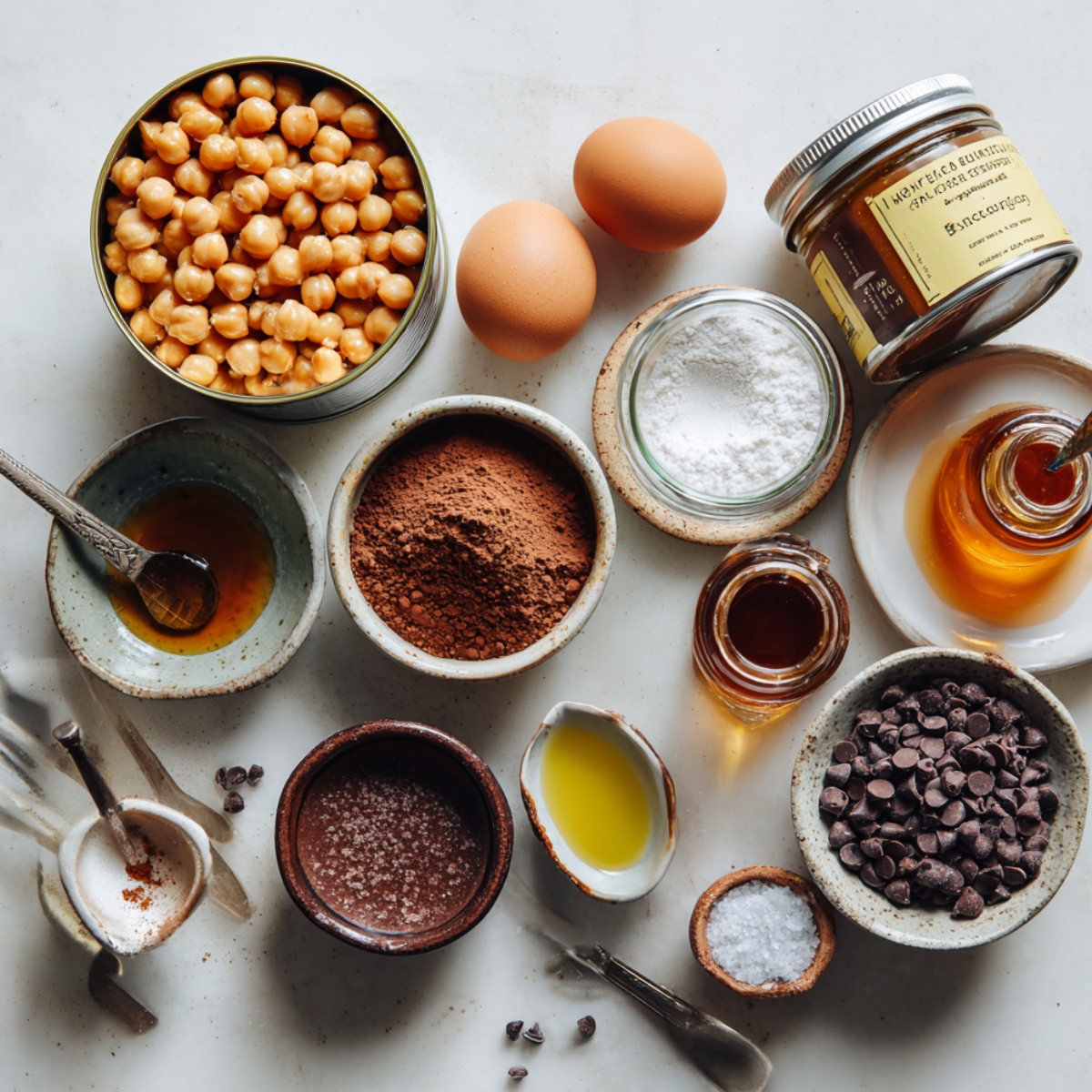 Flat lay of chickpea brownie ingredients including a can of chickpeas, eggs, cocoa powder, baking powder, honey, vanilla, salt, and chocolate chips arranged in small bowls on a light kitchen counter.