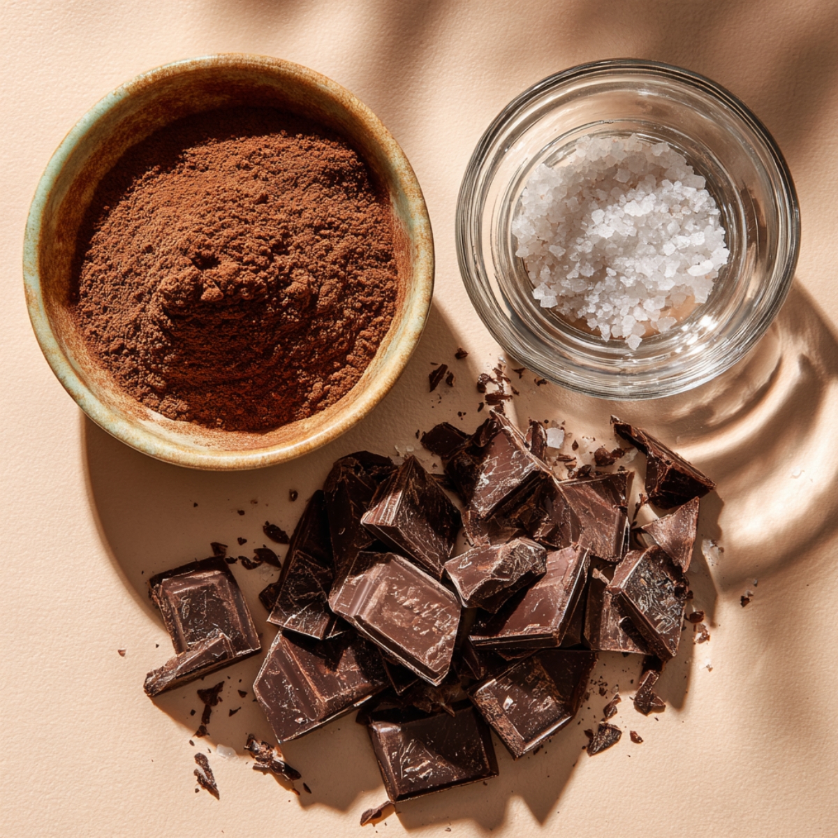 A close-up of ingredients for homemade chocolate brownie cookies: a rustic bowl of cocoa powder, a glass jar of coarse sea salt, and broken pieces of dark chocolate scattered on a soft-toned surface, with natural light creating warm shadows.