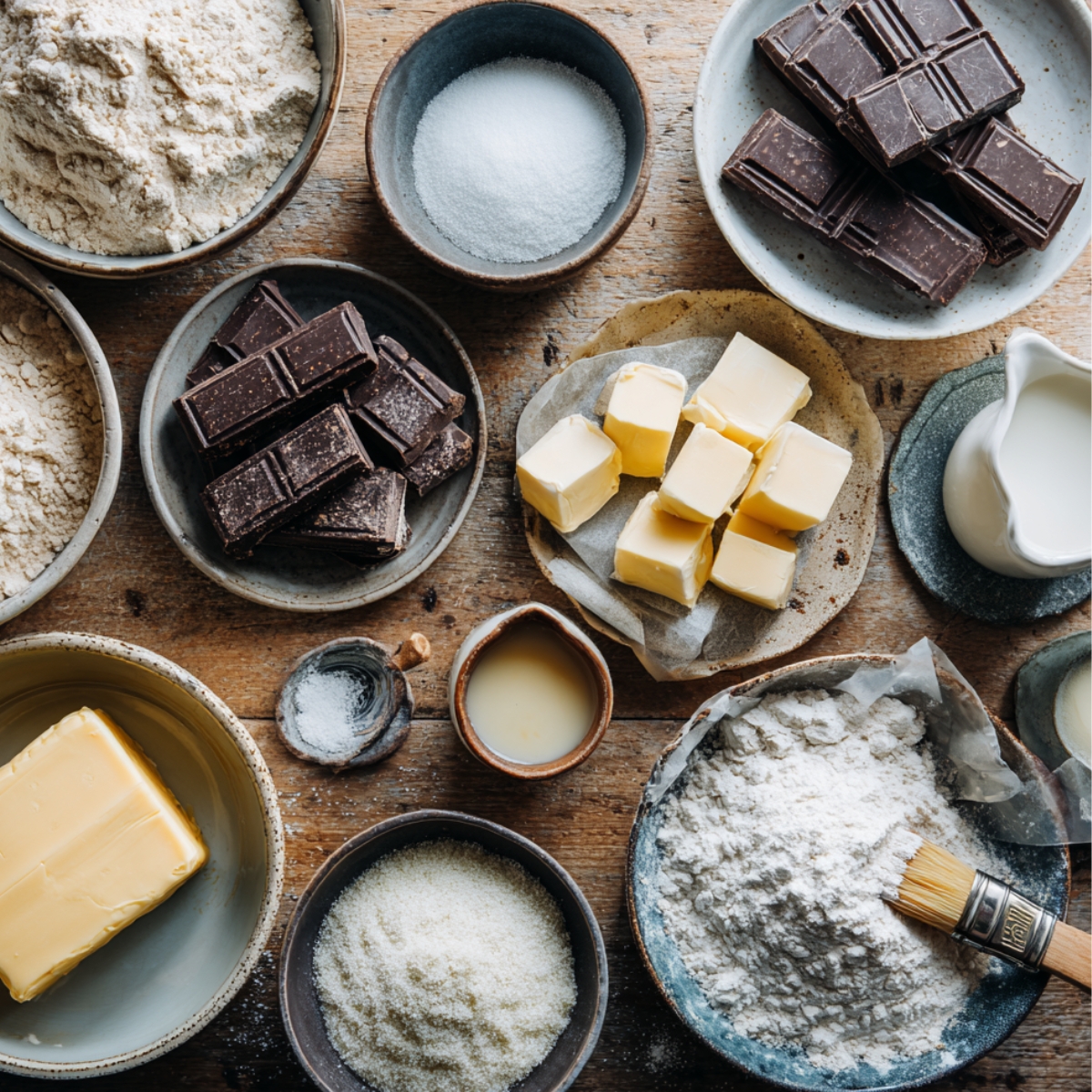 Ingredients for homemade chocolate croissants — flour, butter, sugar, milk, and dark chocolate — arranged in rustic bowls on a wooden table in warm natural light.