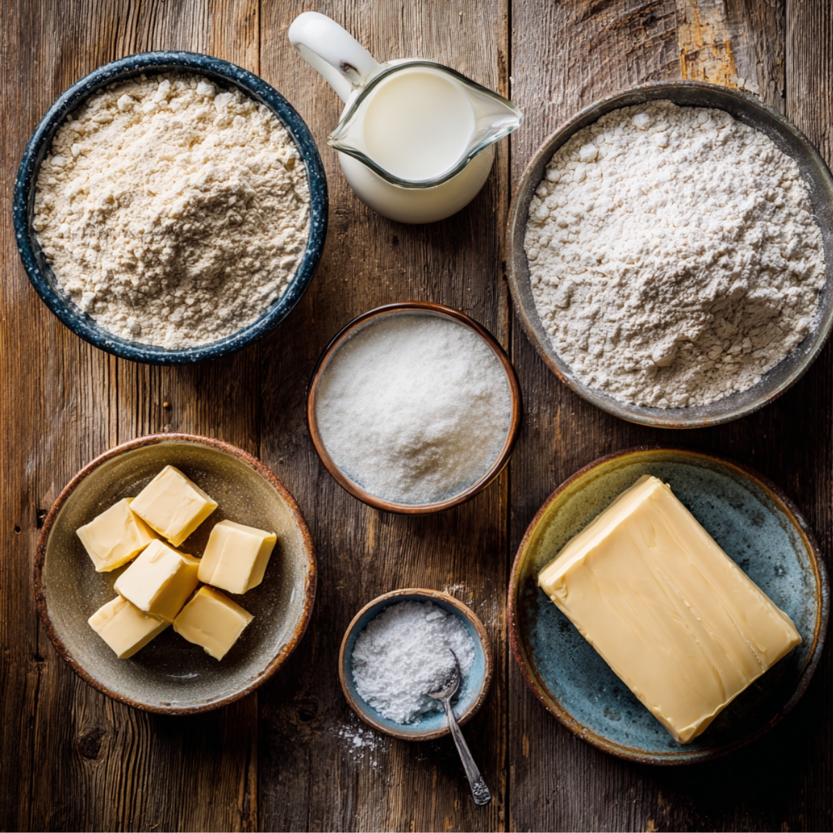 A cozy kitchen scene with ingredients for homemade chocolate croissants — bowls of flour, cubes of butter, milk, sugar, and salt — arranged neatly on a rustic wooden table in soft natural light.