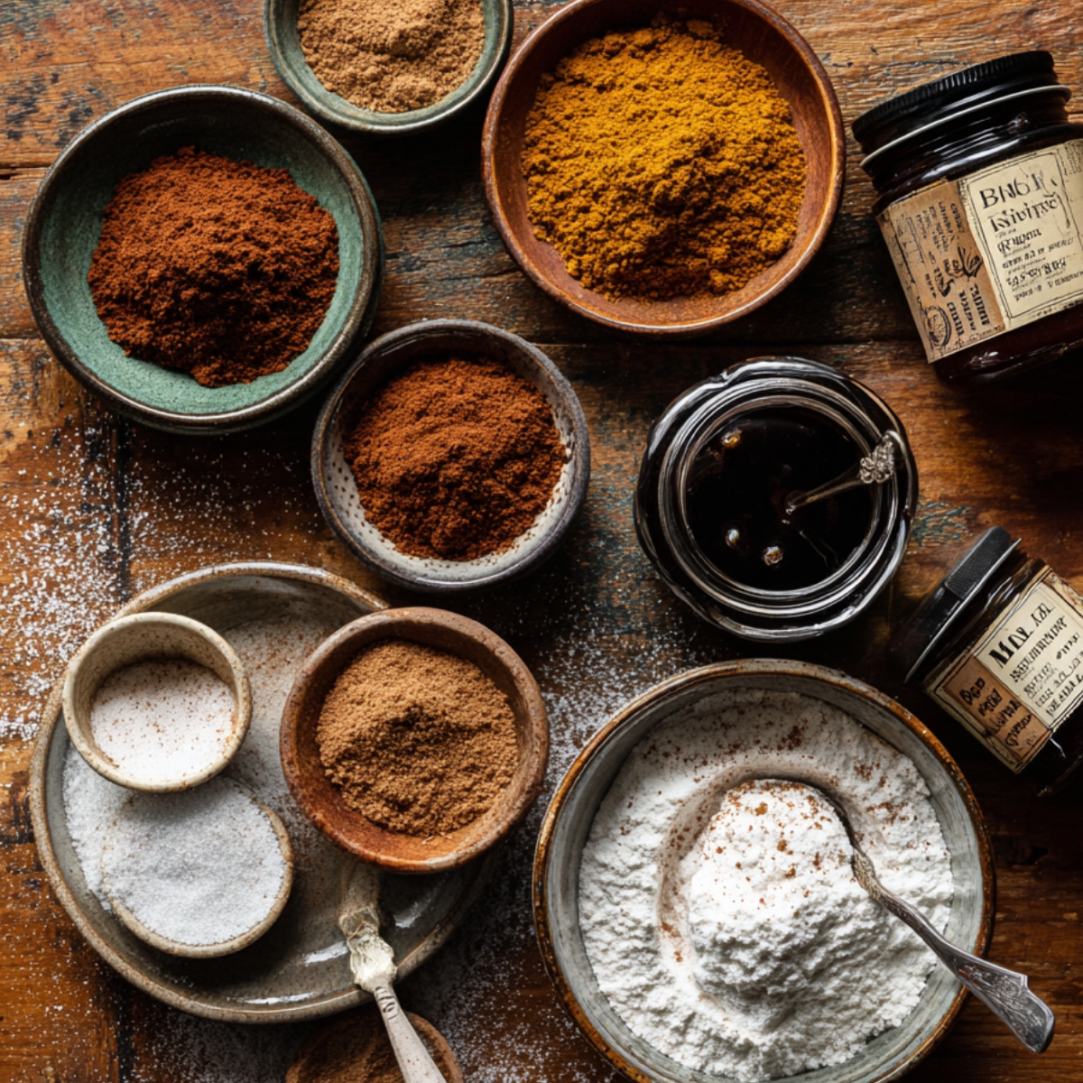 Warm flat lay of gingerbread cookie ingredients on a rustic wooden table — bowls of cinnamon, ginger, nutmeg, and cloves beside jars of molasses and a bowl of powdered sugar, softly lit with a cozy homemade feel.