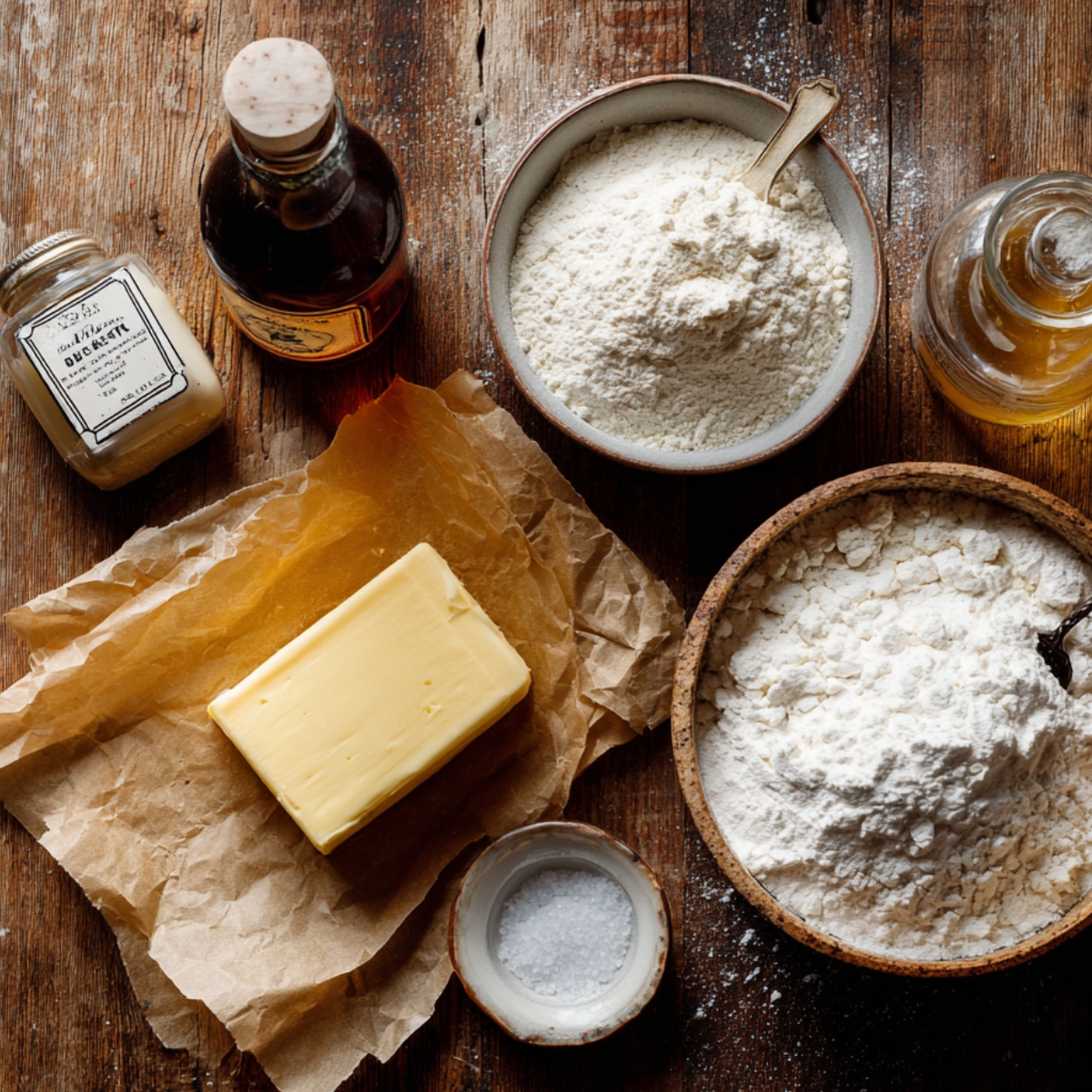 Rustic flat lay of butter, flour, powdered sugar, salt, and vanilla on a wooden table, softly lit for a cozy homemade baking feel.