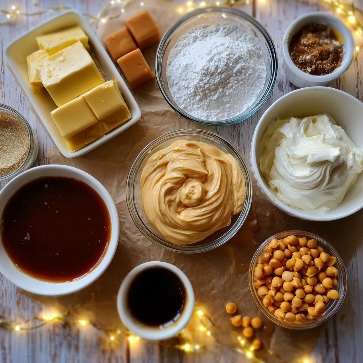 Butterbeer cupcake frosting ingredients on a rustic wooden table — bowls of butter, powdered sugar, caramel, brown sugar, butterscotch chips, and extracts surrounded by warm fairy lights.