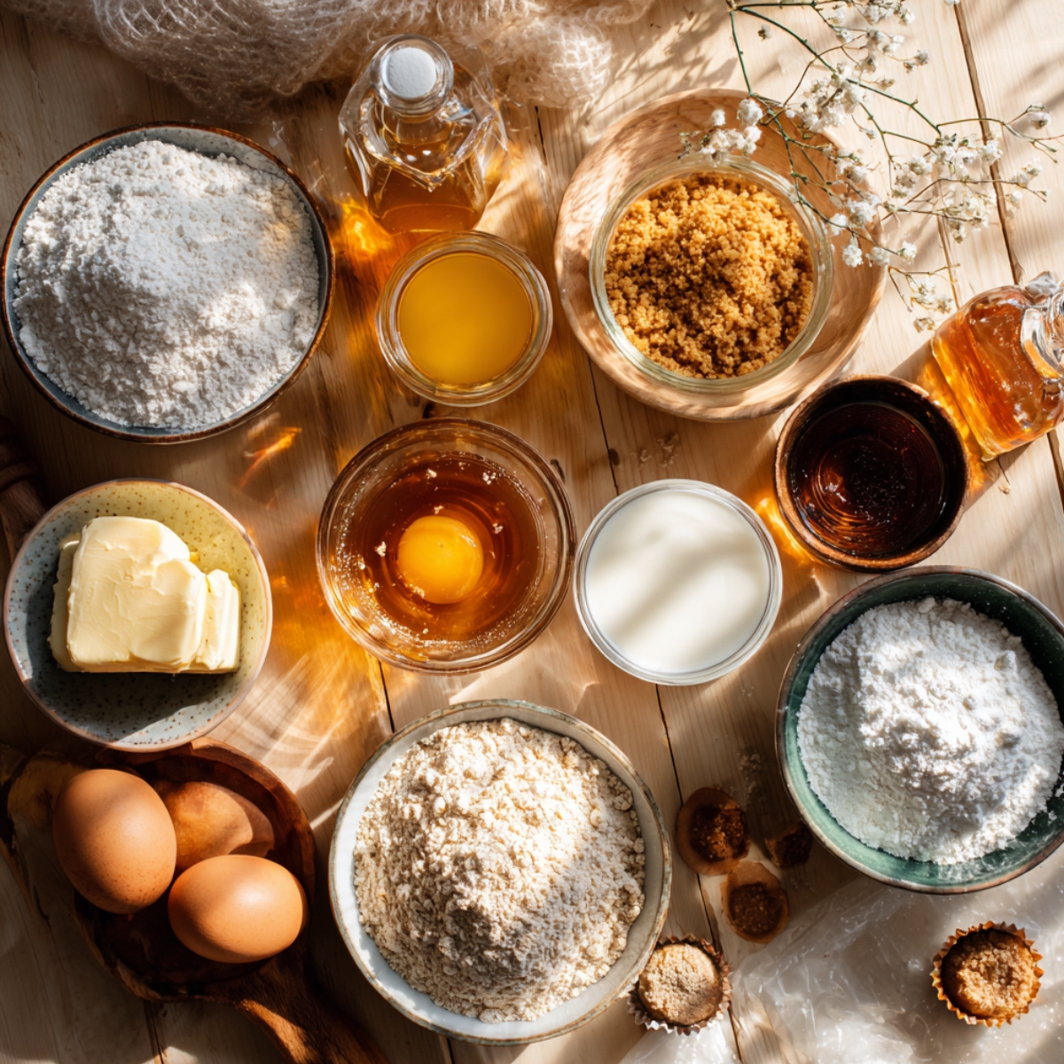 Butterbeer cupcake ingredients on a rustic wooden table — flour, brown sugar, butter, eggs, vanilla, and cream soda in warm natural light.