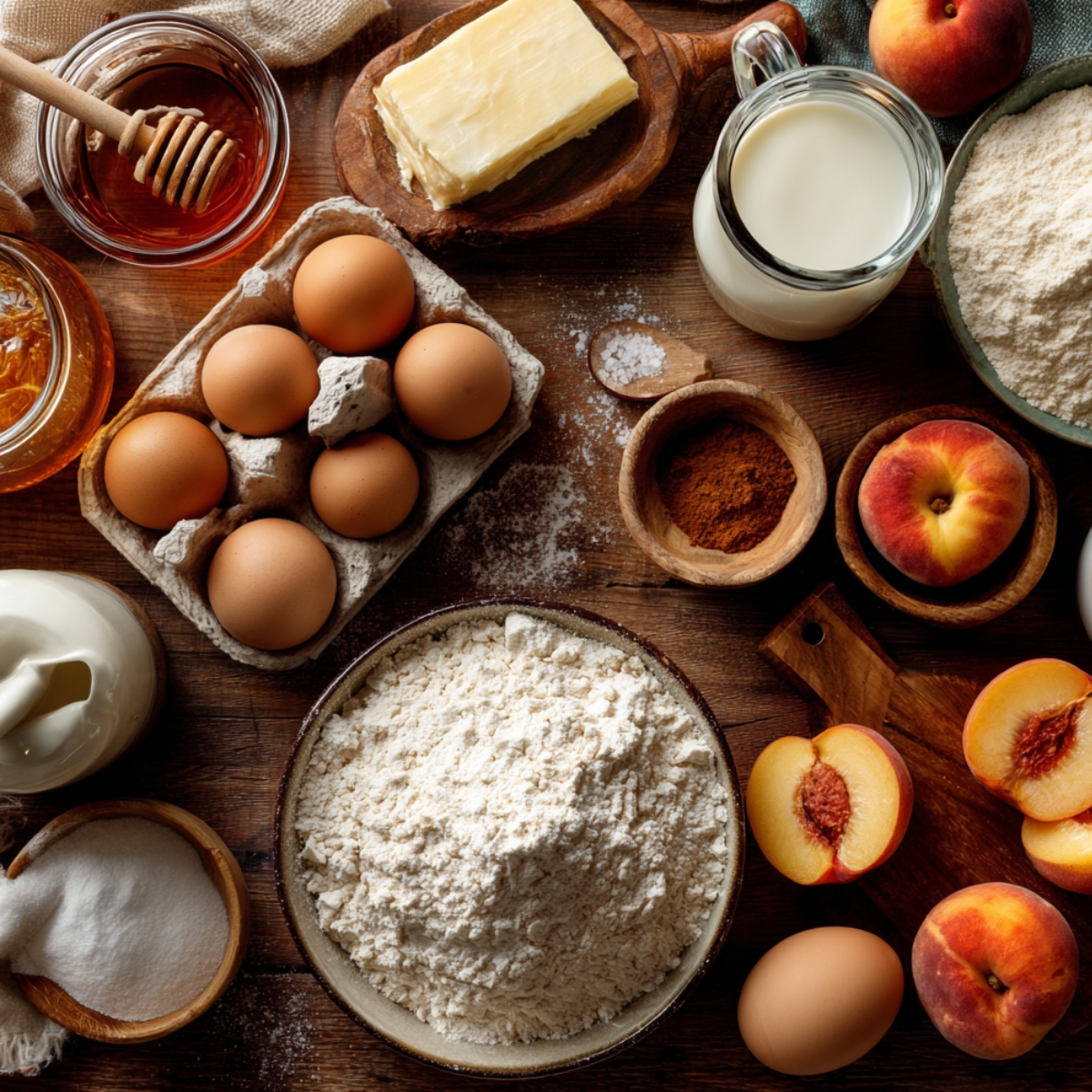 Top-down view of fresh baking ingredients on a rustic wooden table, including brown eggs, flour, milk, butter, sugar, cinnamon, honey, and ripe peaches—perfectly prepped for homemade honey peach cream cheese cupcakes.