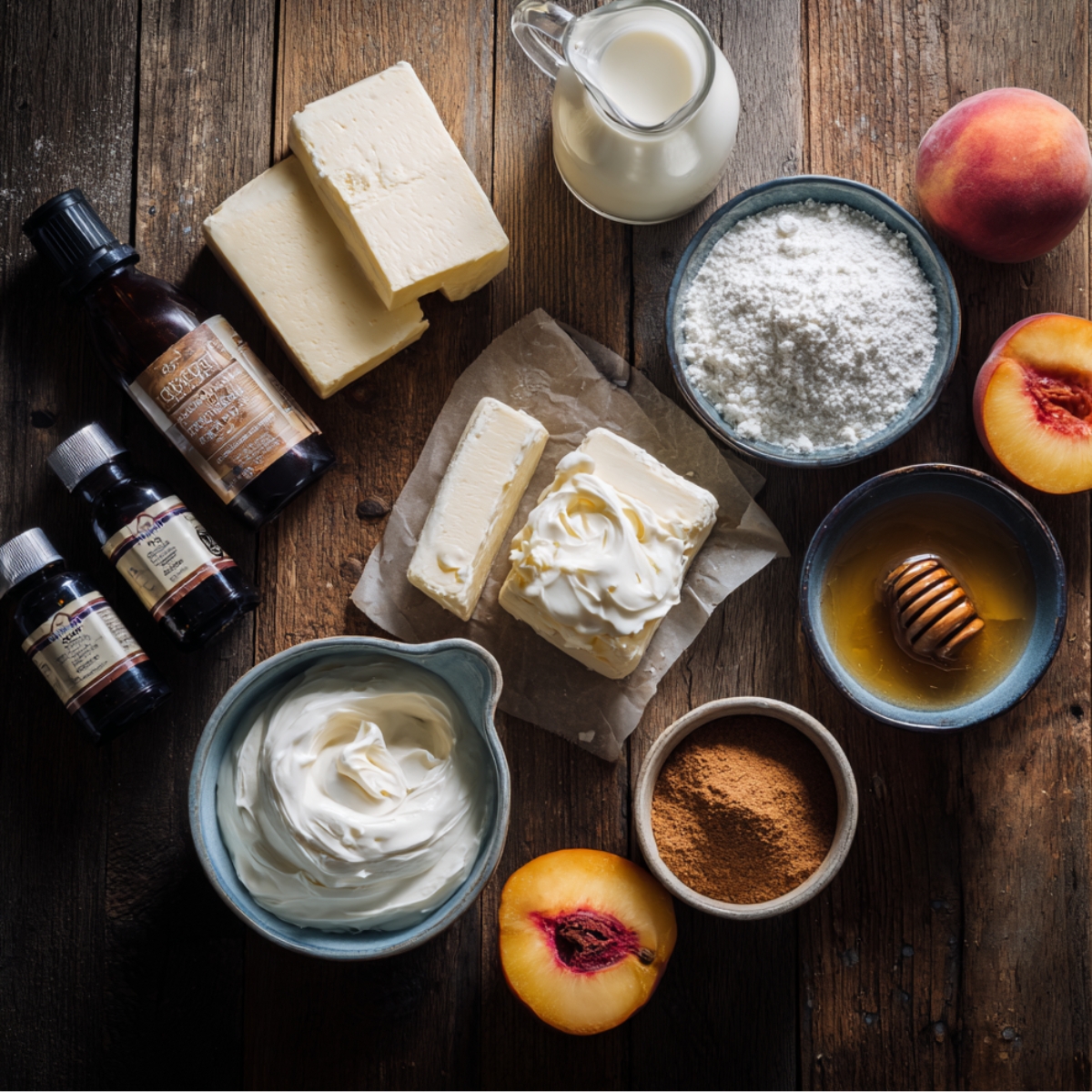Homemade baking setup on a rustic wooden table featuring cream cheese, whipped frosting, powdered sugar, milk, honey with a dipper, cinnamon, vanilla extract, and fresh peaches, ready for making honey peach cream cheese cupcakes.