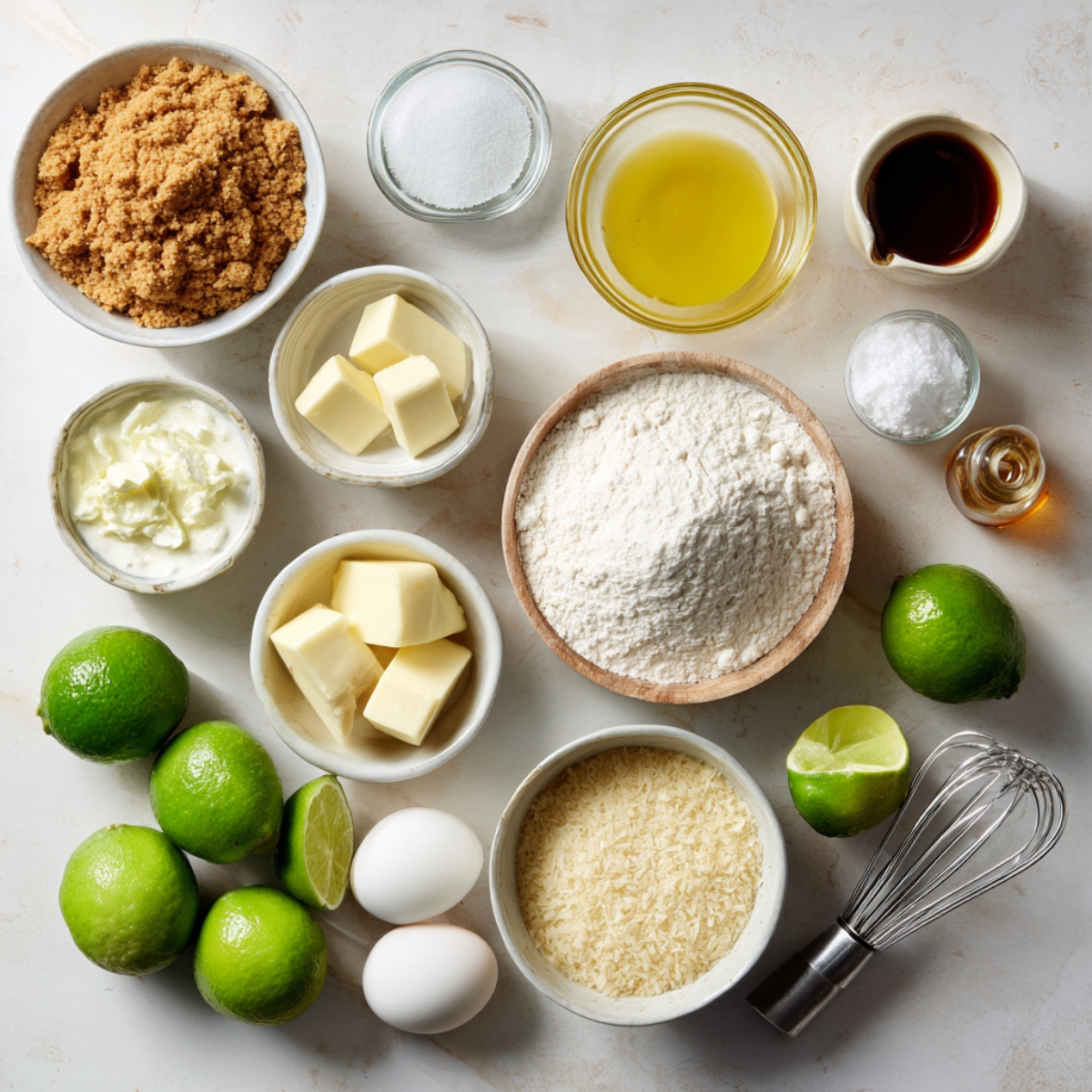 Overhead photo of key lime pie cupcake ingredients on a light countertop — bowls of flour, brown sugar, butter cubes, sour cream, eggs, limes, vanilla, and a whisk — all fresh and naturally lit for a real homemade look.