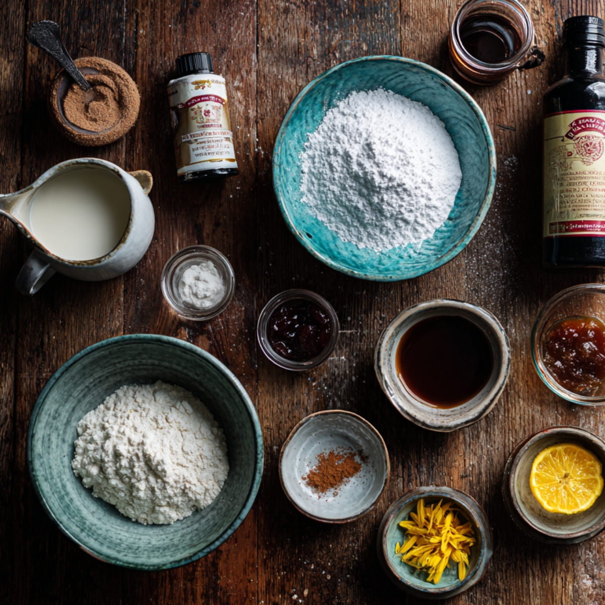 Homemade baking setup on a rustic wooden table with flour, powdered sugar, milk, vanilla, spices, jams, and citrus—ingredients for King’s Hawaiian Cheesecake Danish, arranged in ceramic and glass bowls.