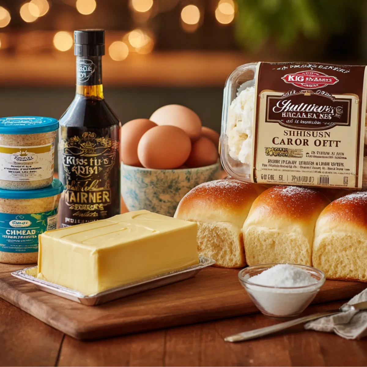 Fresh ingredients for homemade King’s Hawaiian Cheesecake Danish on a wooden board, including sweet rolls, butter, eggs, vanilla, cream cheese, sugar, and seasoning jars, with warm ambient lighting.