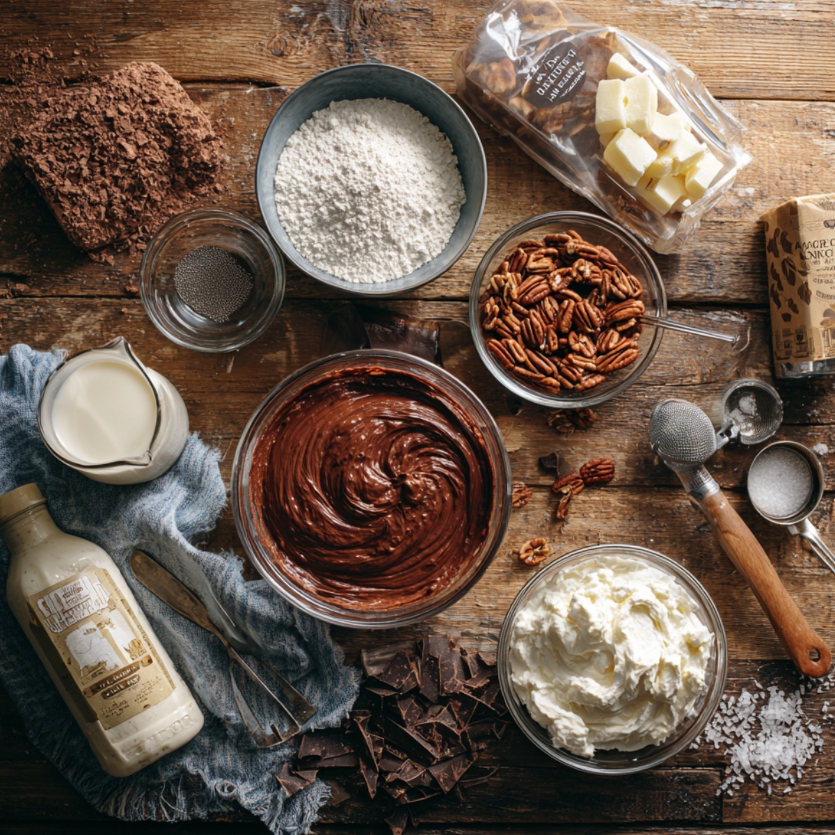 Overhead view of possum pie ingredients on a rustic wooden table, including chocolate pudding, whipped cream, pecans, flour, butter, milk, cocoa, and sugar in bowls with natural light and a cozy homemade feel.