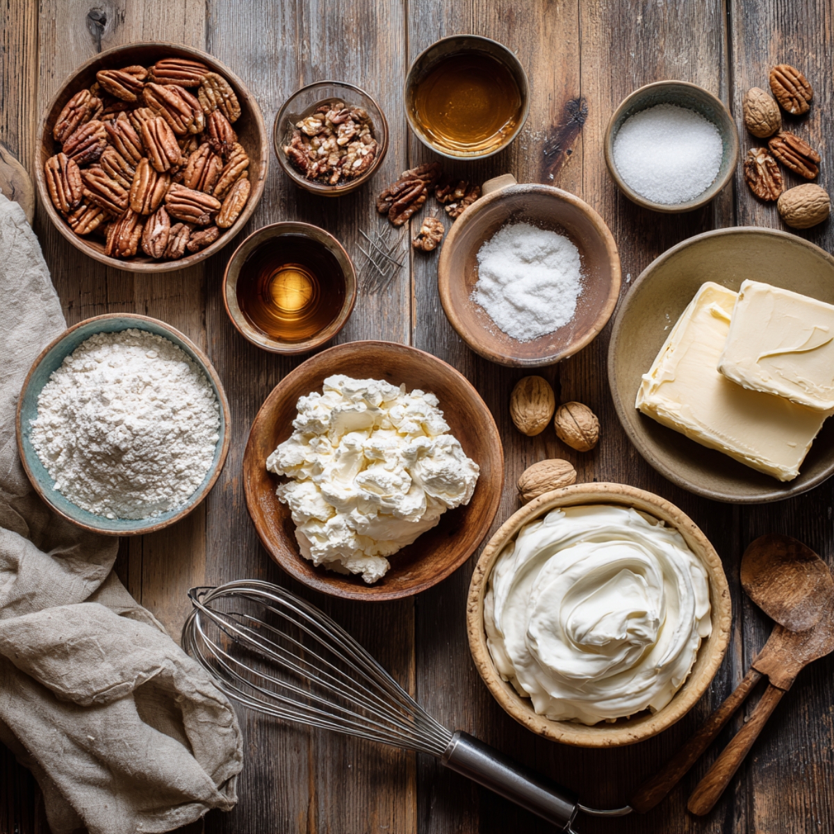 Overhead view of possum pie ingredients on a rustic wooden table, including pecans, flour, butter, sugar, cream cheese, and vanilla with a whisk, wooden spoon, and beige kitchen towel in soft natural light.