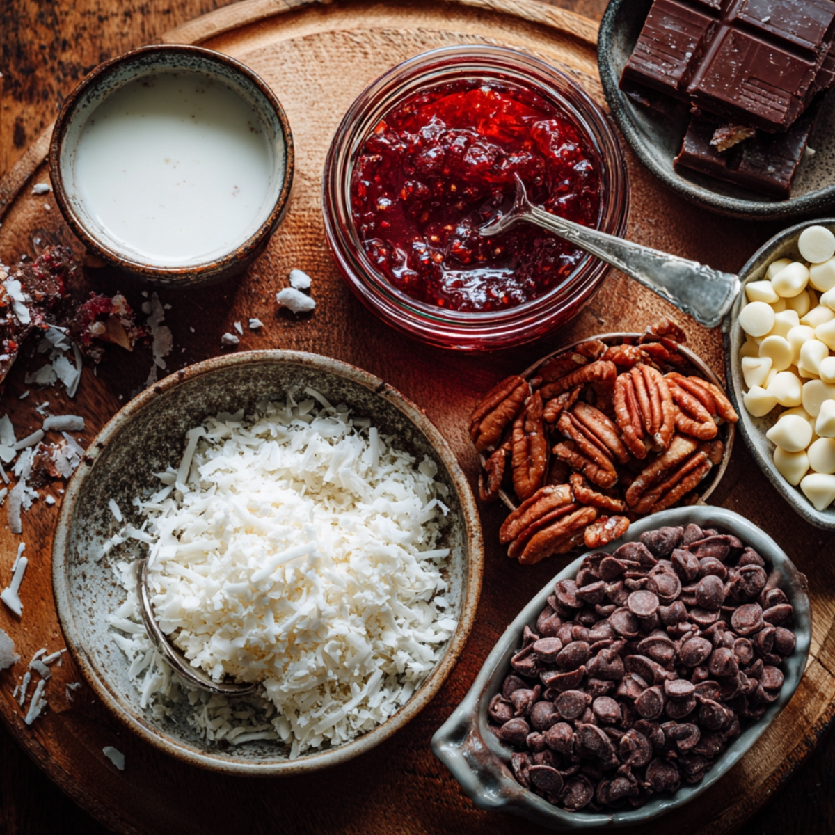 Top-down view of homemade Raspberry Coconut Magic Bar ingredients — raspberry jam, shredded coconut, chocolate chips, white chocolate chips, pecans, and sweetened condensed milk arranged on a wooden board in warm natural light.