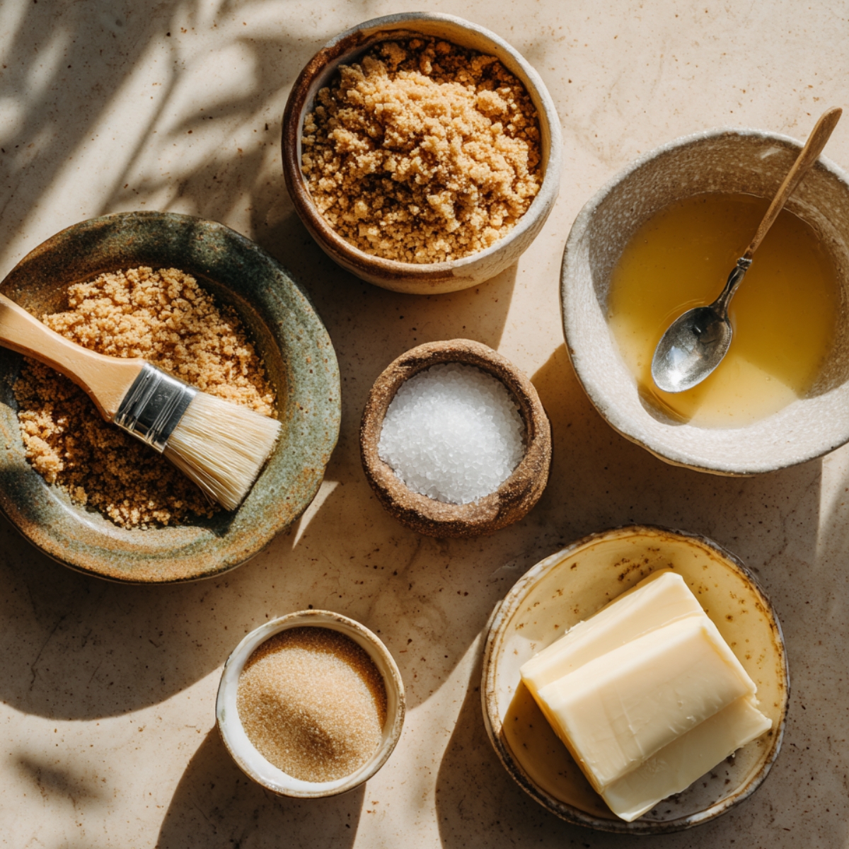 Homemade baking ingredients for Raspberry Coconut Magic Bar crust — graham cracker crumbs, melted butter, brown sugar, salt, and butter sticks arranged in rustic bowls on a sunlit stone counter, cozy and natural kitchen feel.