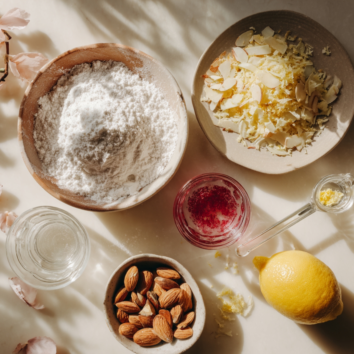 Flat lay of ingredients for Raspberry Filled Almond Snowball Cookies — powdered sugar, almonds, lemon, zest, rose water, and raspberry preserves on a sunlit marble surface, creating a cozy homemade baking scene.