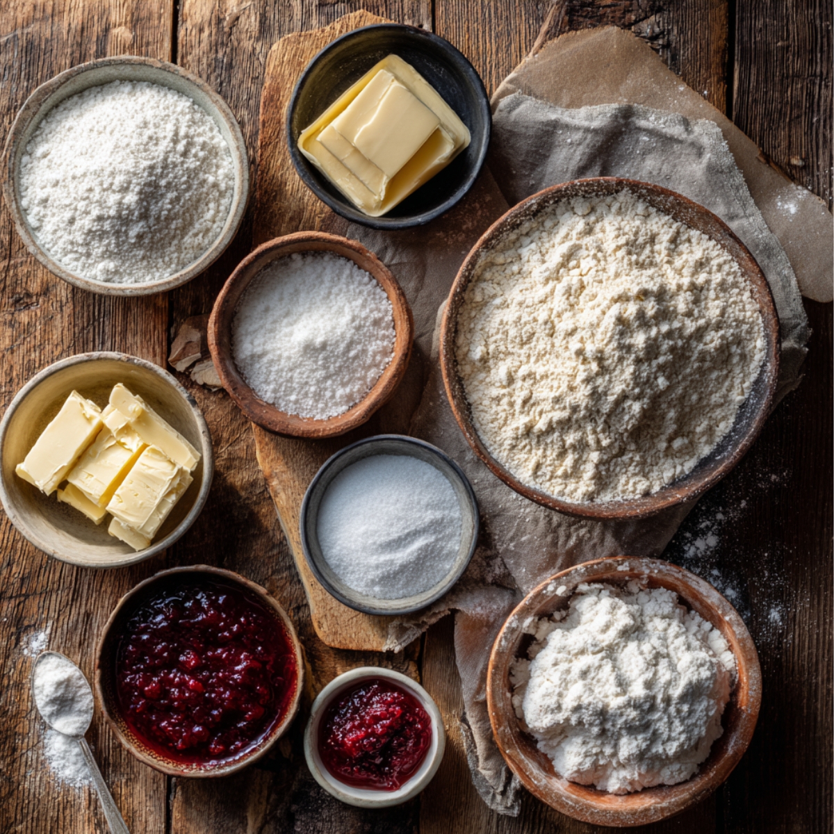 Flat lay of baking ingredients for Raspberry Filled Almond Snowball Cookies — bowls of flour, sugar, butter, and raspberry jam on a rustic wooden table with warm natural light, creating a cozy homemade feel.
