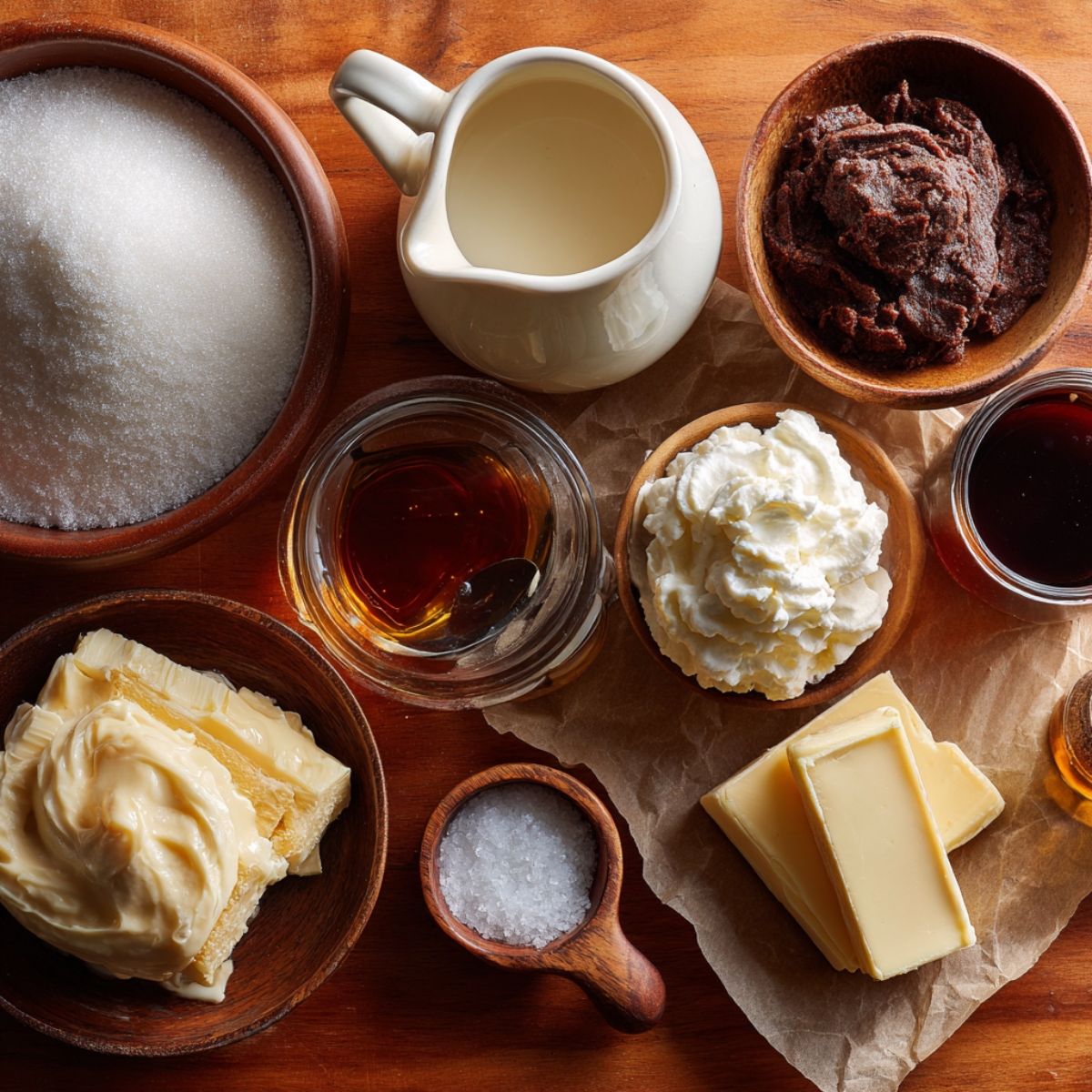 Flat lay of toffee sauce ingredients — cream, butter, sugar, vanilla, and salt. Each ingredient in small bowls on brown parchment paper. Soft natural light adds a warm, inviting baking mood.