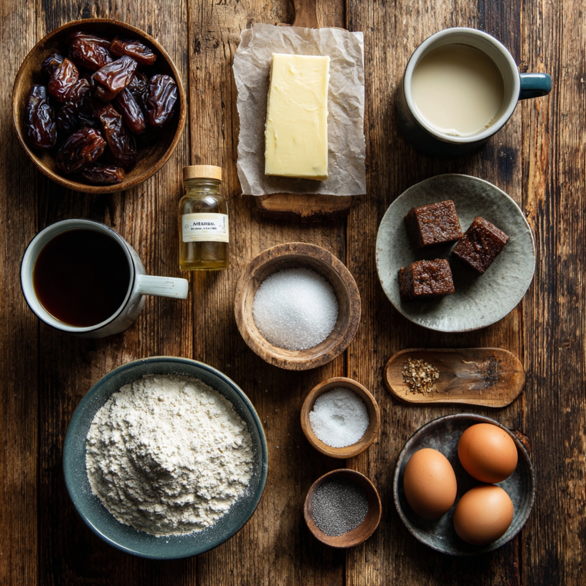 Overhead shot of sticky toffee pudding ingredients on a rustic wooden table. Butter, flour, dates, sugar, eggs, and milk arranged neatly in bowls. Warm lighting with a cozy, homemade kitchen feel.