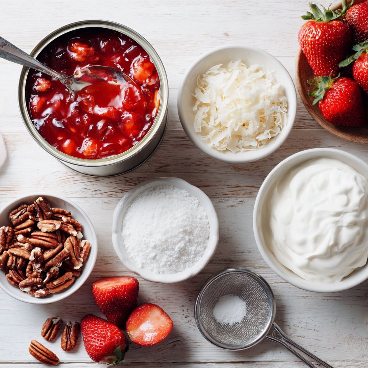 Flat lay of strawberry earthquake cake ingredients — strawberry pie filling, coconut, pecans, powdered sugar, whipped cream, and fresh strawberries on a rustic white table with a small sifter and natural light.