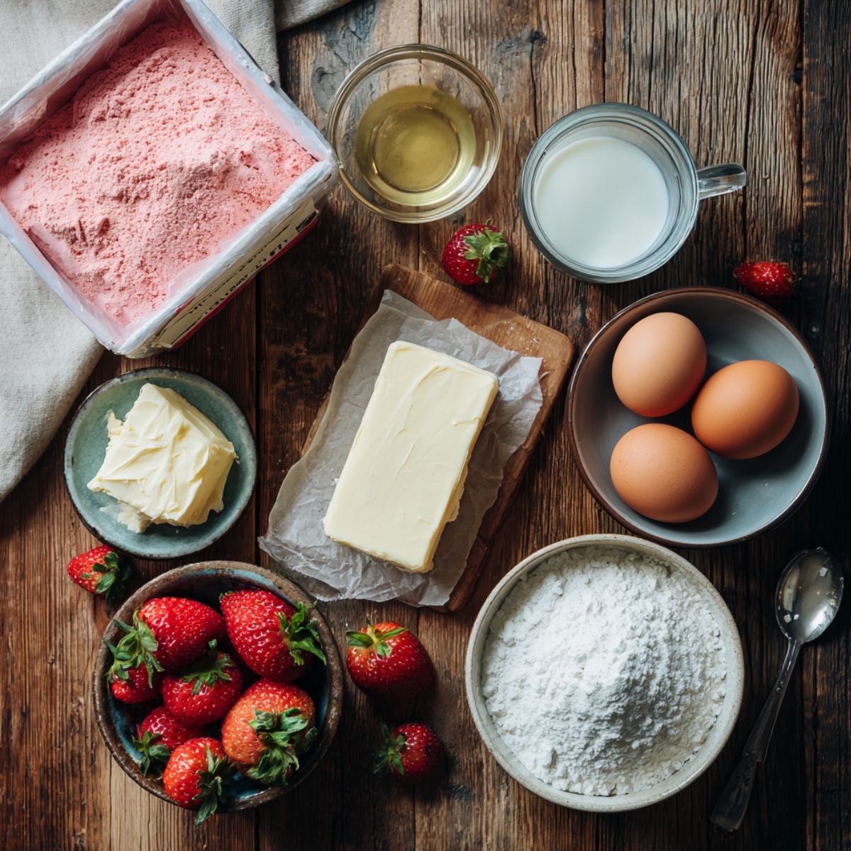 Rustic flat lay of strawberry earthquake cake ingredients — pink cake mix, butter, eggs, milk, oil, powdered sugar, and fresh strawberries on a wooden table in natural light.