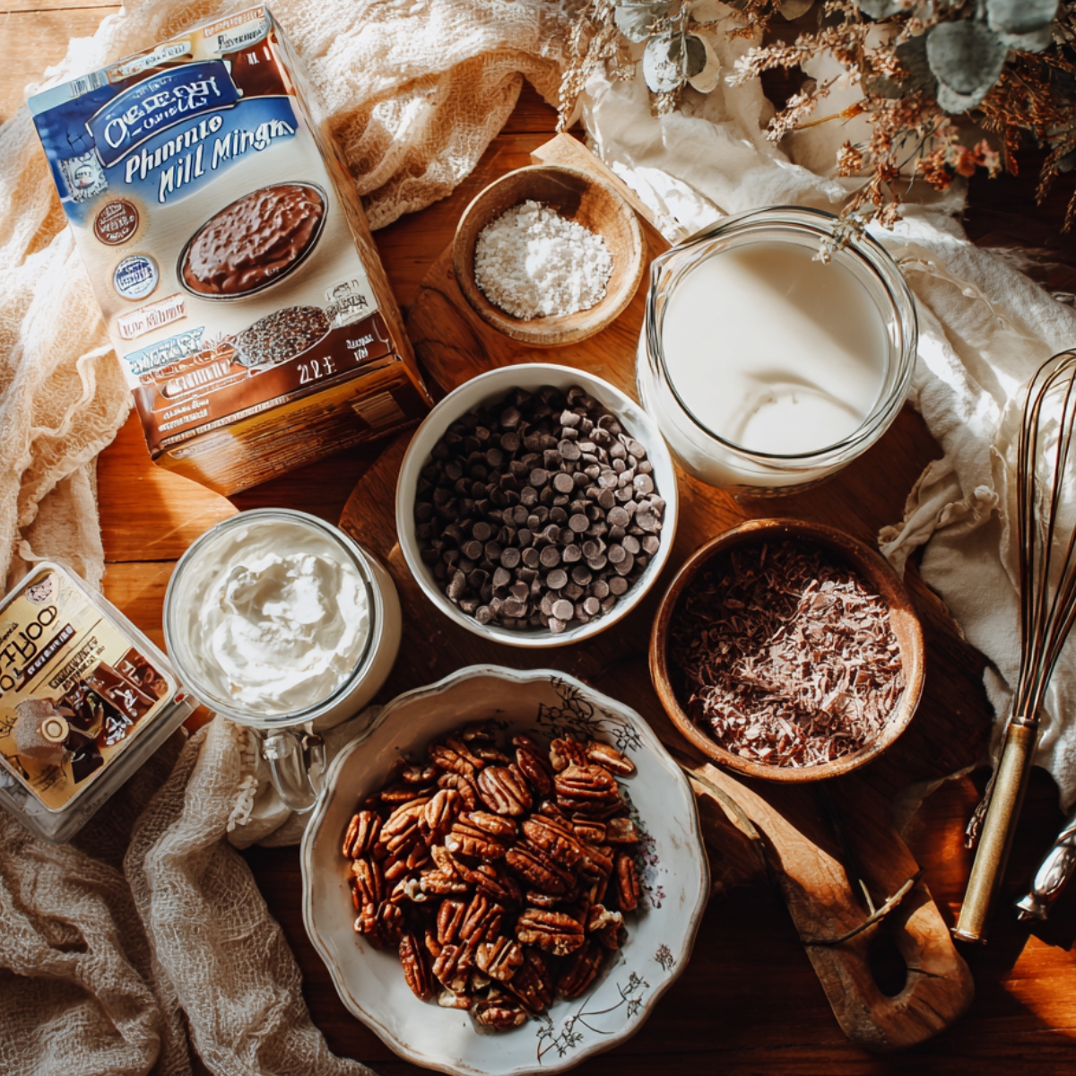 Overhead shot of Texas Trash Pie ingredients: instant chocolate pudding mix, milk, mini chocolate chips, Cool Whip, chocolate shavings, toasted pecans, and a whisk on a rustic wooden table with soft, natural lighting.