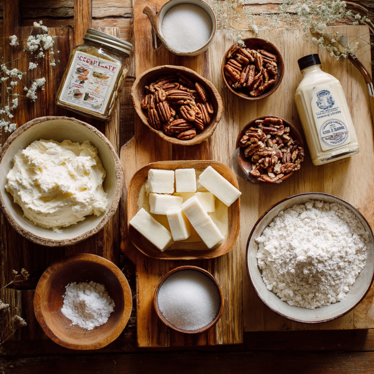 Overhead shot of Texas Trash Pie crust ingredients: cream cheese, butter cubes, sugar, flour, pecans, vanilla extract, and salt on a rustic wooden surface with soft natural lighting.