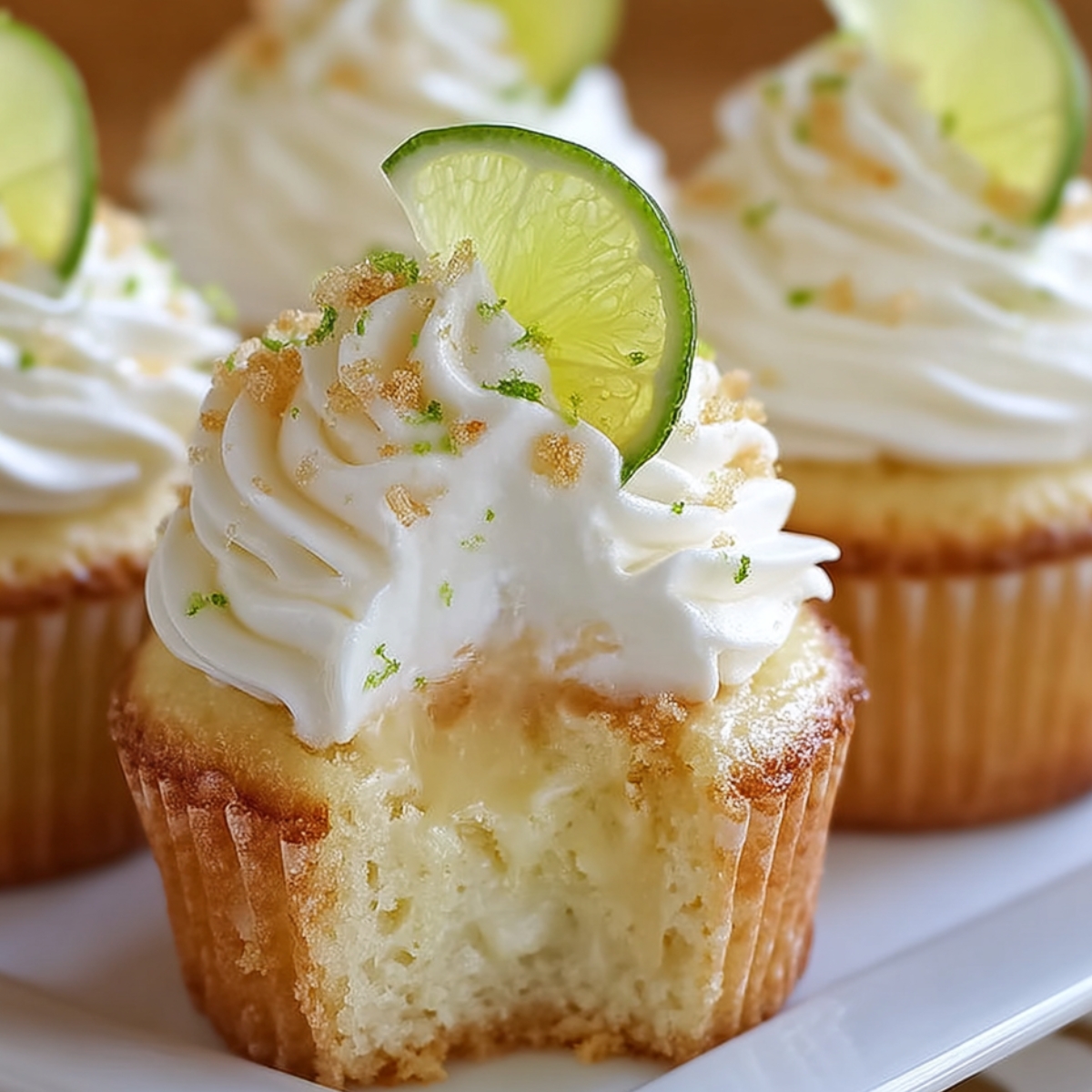 Key Lime Pie Cupcakes with creamy frosting, lime slice, graham crumbs, and lime zest on top. One cupcake has a bite showing the moist, fluffy lime cake and creamy filling, sitting on a white plate in natural light.