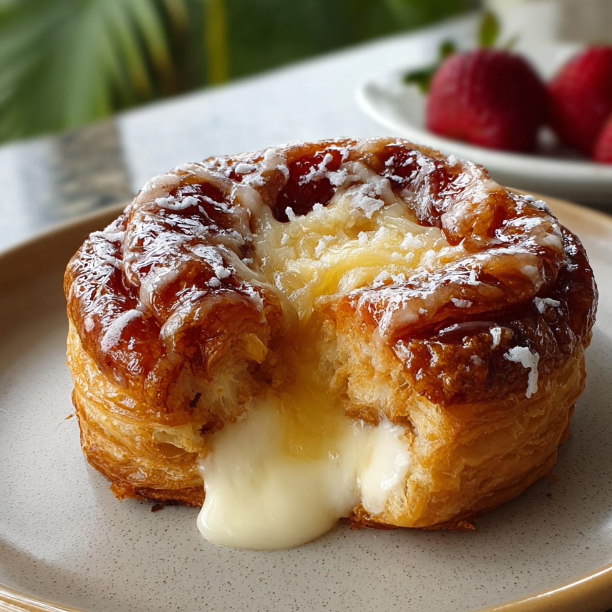 Kings Hawaiian Cheesecake Danish with golden-brown pastry, drizzled glaze, toasted coconut, and creamy cheesecake filling oozing from the center.