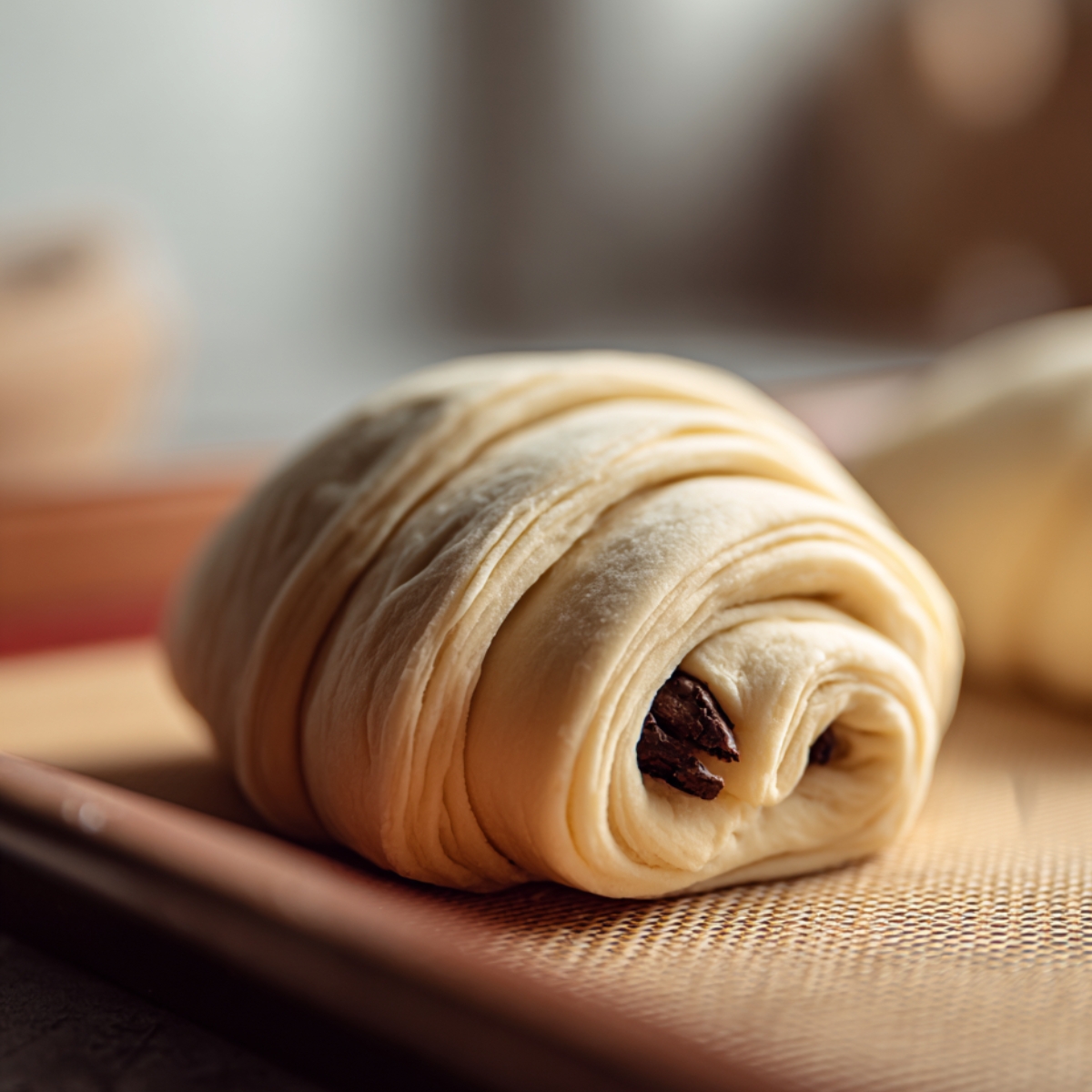 A close-up of an unbaked homemade chocolate croissant on a baking tray, showing soft buttery layers and dark chocolate peeking through in warm natural light.